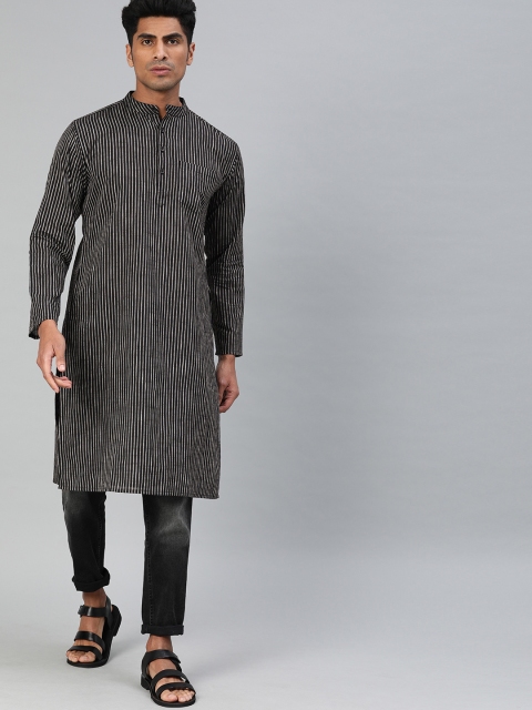 

Svanik Men Black & White Striped Straight Kurta