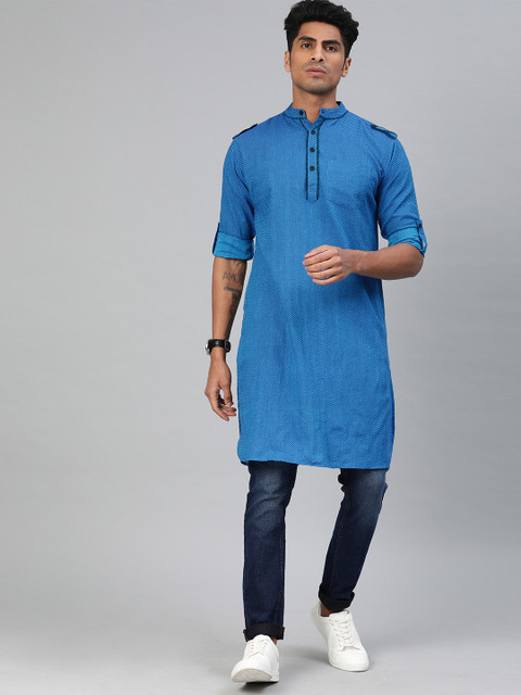 

Svanik Men Blue Woven Design Straight Kurta