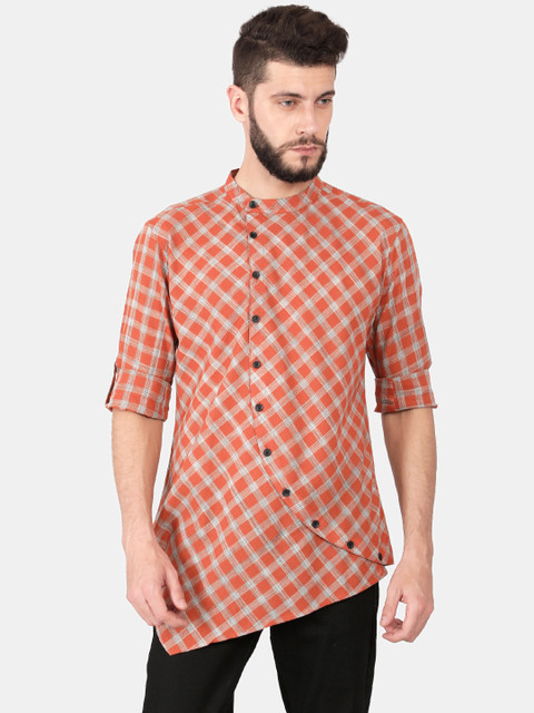 

Svanik Men Orange & Grey Checked Handloom Straight Kurta