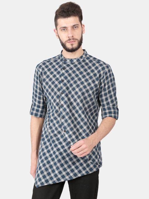 

Svanik Men Teal Blue & Grey Checked Asymmetric Handloom Straight Kurta