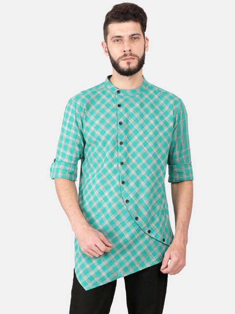 

Svanik Men Sea Green & Grey Checked Handloom Straight Kurta