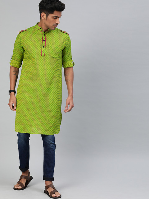 

Svanik Men Green Woven Design Straight Kurta