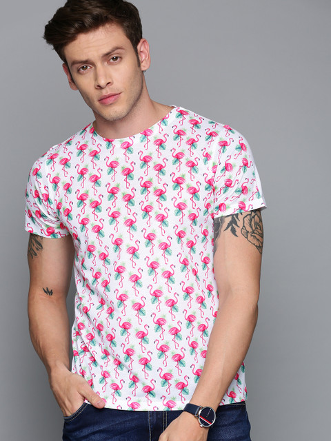 

Wear Your Mind Men White & Pink Printed Round Neck T-shirt