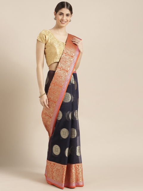 

Blissta Navy Blue & Gold-Toned Cotton Blend Woven Design Kota Saree