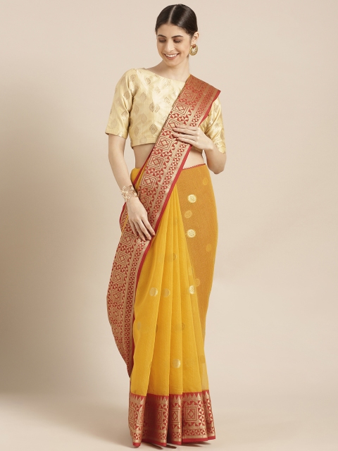 

Blissta Mustard Yellow & Red Cotton Blend Woven Design Kota Saree