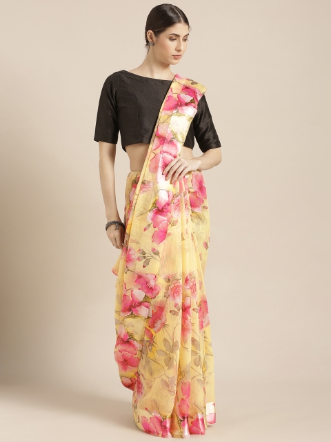 

Blissta Yellow & Pink Linen Blend Printed Saree