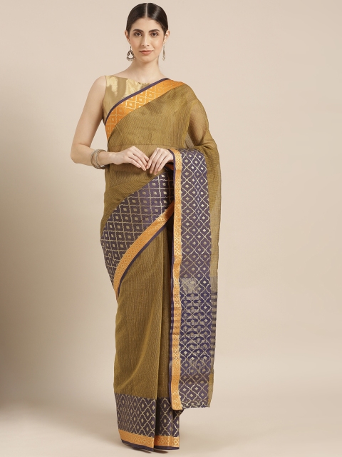 

Blissta Olive Green & Navy Blue Cotton Blend Woven Design Kota Saree