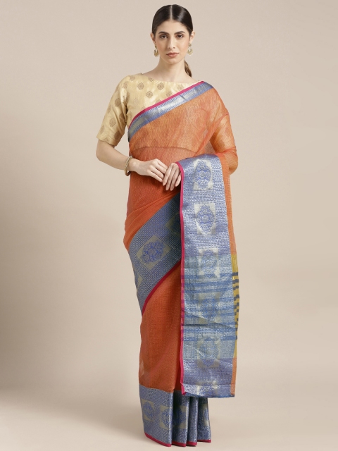 

Blissta Orange & Blue Cotton Blend Checked Kota Saree