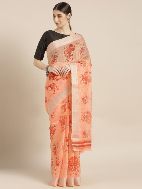 

Mitera Peach-Coloured & Red Cotton Blend Printed Saree