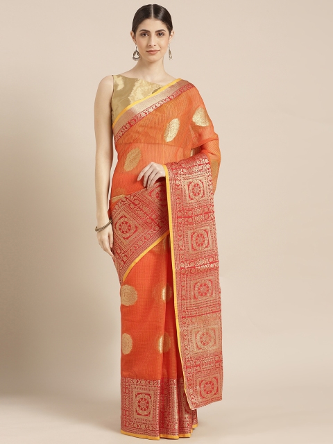

Blissta Mustard Yellow & Red Cotton Blend Woven Design Kota Saree