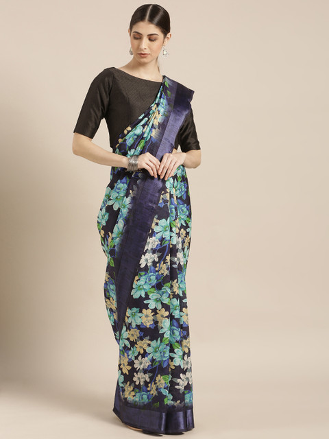 

Blissta Navy Blue Floral Printed Silk Blend Saree
