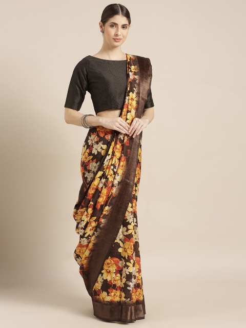 

Mitera Yellow & Brown Silk Blend Printed Saree