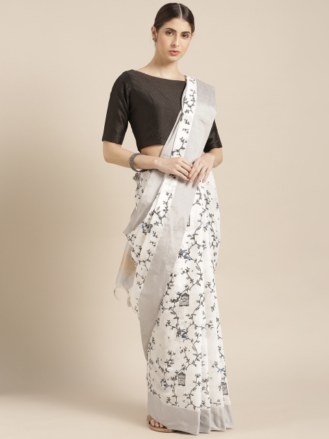 

Blissta White & Black Linen Blend Printed Saree