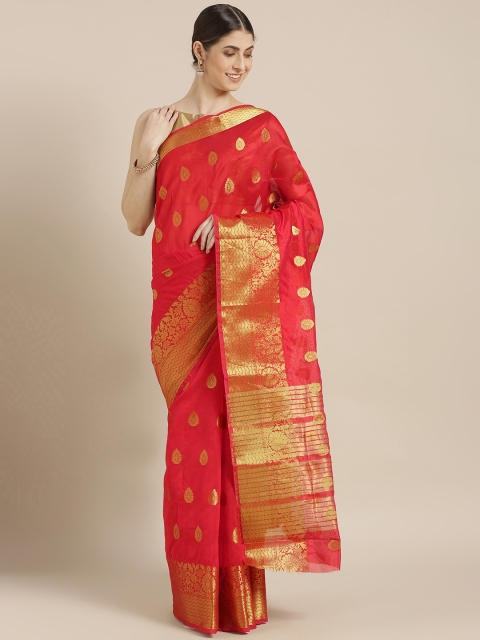 

Blissta Red Silk Blend Woven Design Kanjeevaram Saree