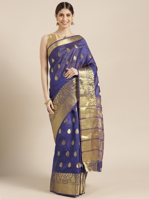 

Blissta Navy Blue & Gold-Toned Silk Blend Woven Design Kanjeevaram Saree