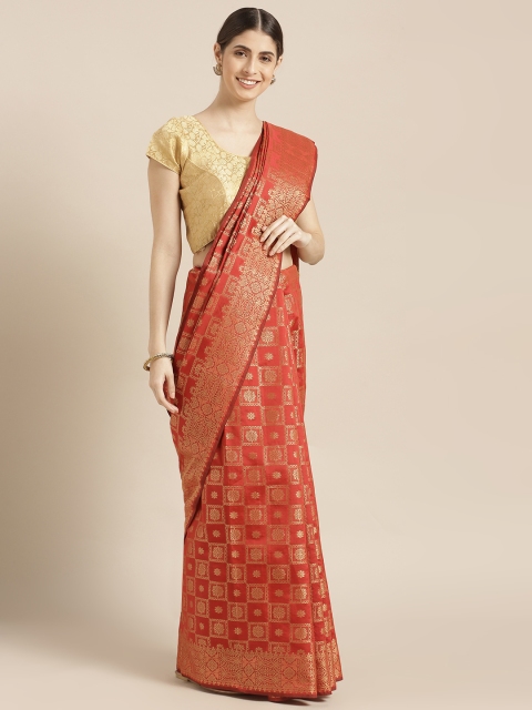 

Blissta Red & Gold-Toned Silk Blend Woven Design Kanjeevaram Saree