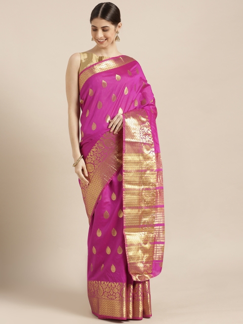 

Blissta Magenta Pink & Gold-Toned Silk Blend Woven Design Kanjeevaram Saree