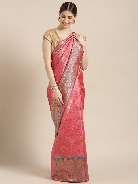 

Blissta Pink Silk Blend Woven Design Kanjeevaram Saree