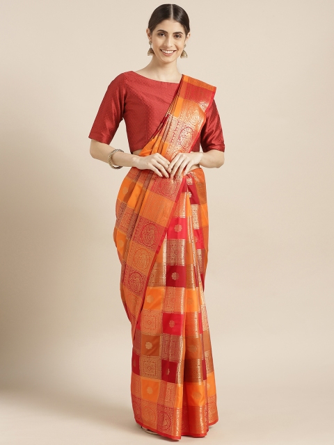 

Blissta Orange Silk Blend Checked Banarasi Saree