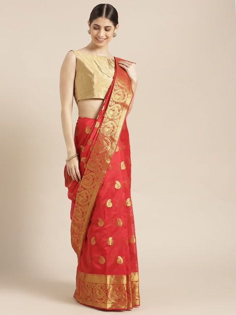 

Blissta Red & Gold-Toned Silk Cotton Woven Design Kanjeevaram Saree