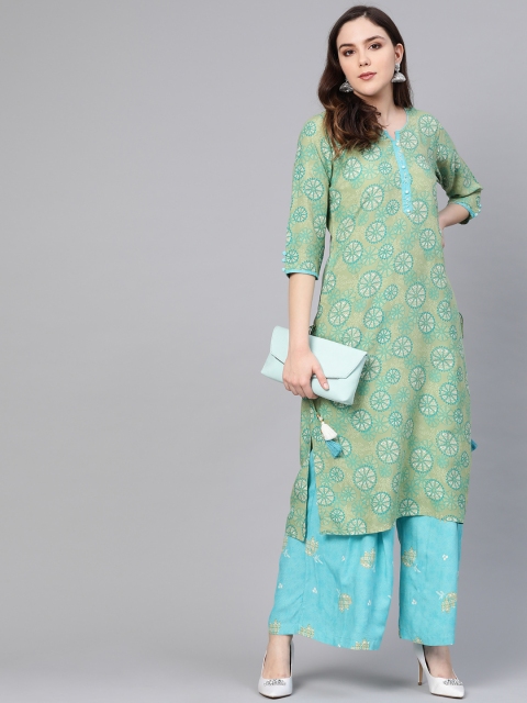 

Shree Women Green & Blue Printed Kurta with Palazzos