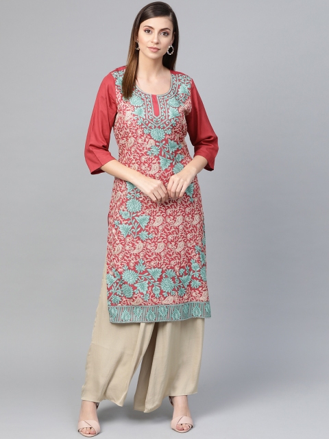 

Shree Women Rust Red & Beige Embroidered Straight Kurta