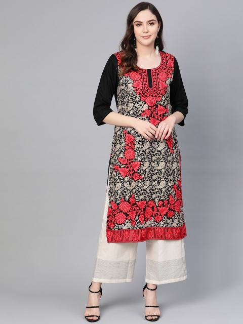 

Shree Women Black & Pink Embroidered Straight Kurta