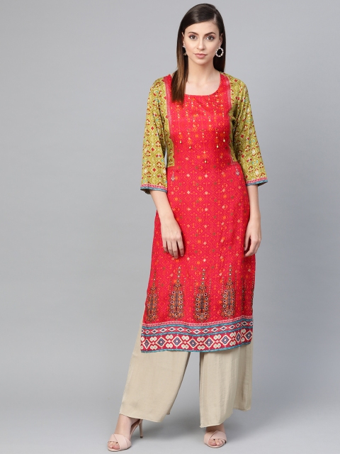 

Shree Women Red & Green Printed Straight Kurta