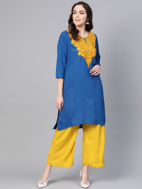 

Shree Women Blue & Yellow Yoke Design Straight Kurta
