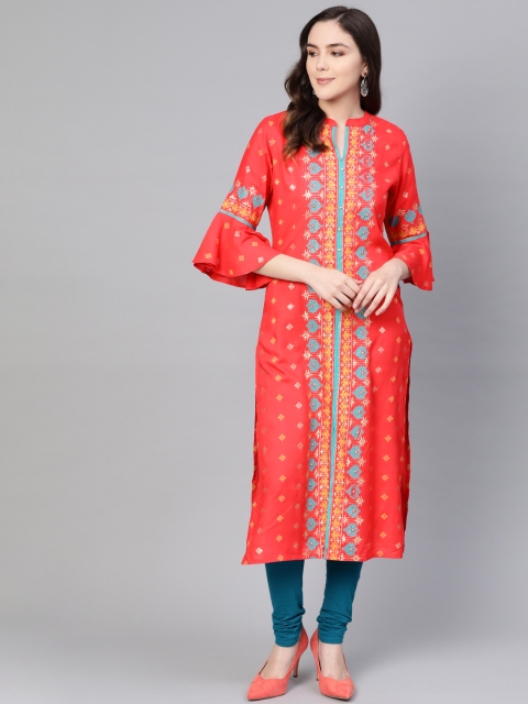 

Shree Women Coral & Golden Printed Straight Kurta