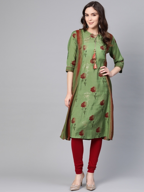 

Shree Women Green & Maroon Floral Print A-Line Kurta