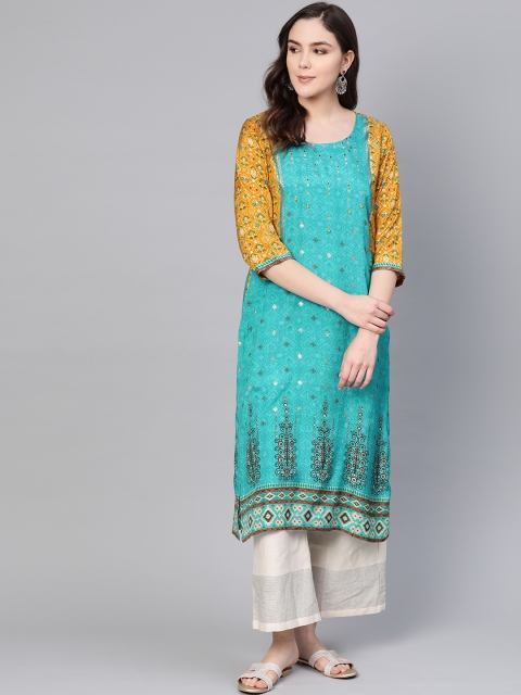 

Shree Women Blue & Mustard Yellow Printed Straight Kurta