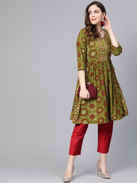 

Shree Women Green & Maroon Printed Kurta with Trousers