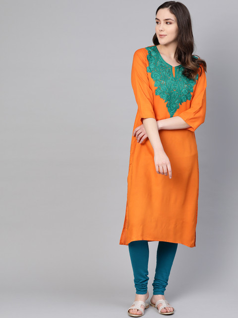 

Shree Women Orange & Green Yoke Design Straight Kurta