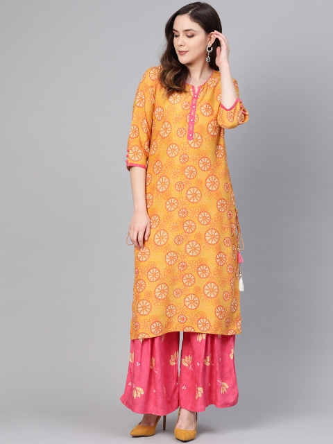 

Shree Women Mustard Yellow & Pink Printed Kurta with Palazzos