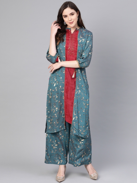 

Shree Women Teal Blue & Maroon Printed Layered Kurta with Palazzos