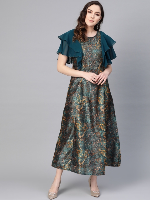 

Shree Women Teal Blue & Rust Orange Printed Maxi Dress