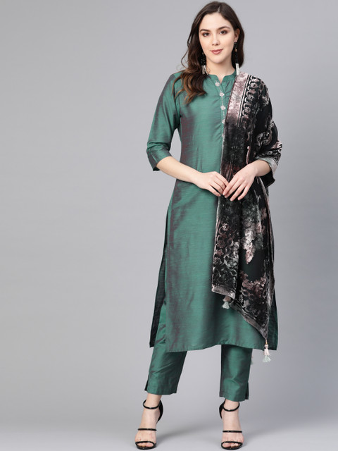 

Shree Women Green & Black Solid Kurta with Trousers & Stole