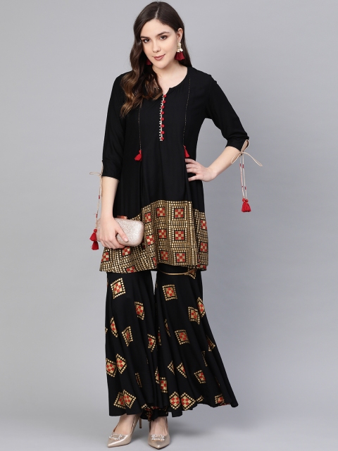 

Shree Women Black & Golden Printed Kurta with Sharara