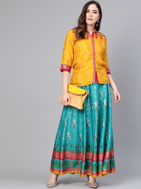 

Shree Women Mustard Yellow & Blue Printed Top with Skirt