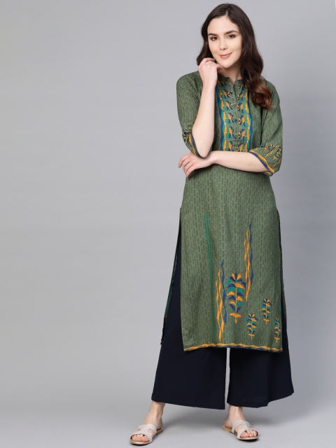 

Shree Women Olive Green Printed Straight Kurta