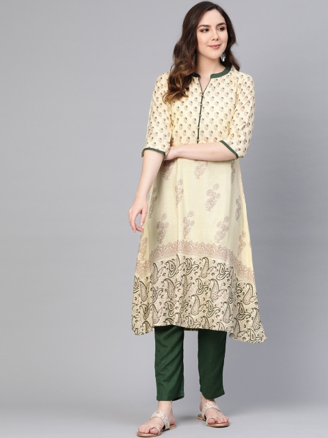 

Shree Women Cream-Coloured & Green Printed Kurta with Trousers
