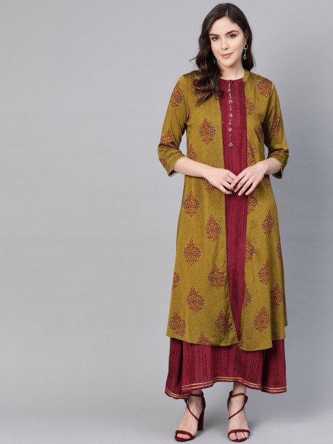 

Shree Women Olive Green Printed Layered Maxi Dress
