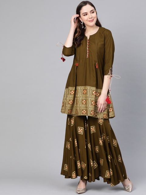 

Shree Women Brown & Golden Printed Kurta with Sharara