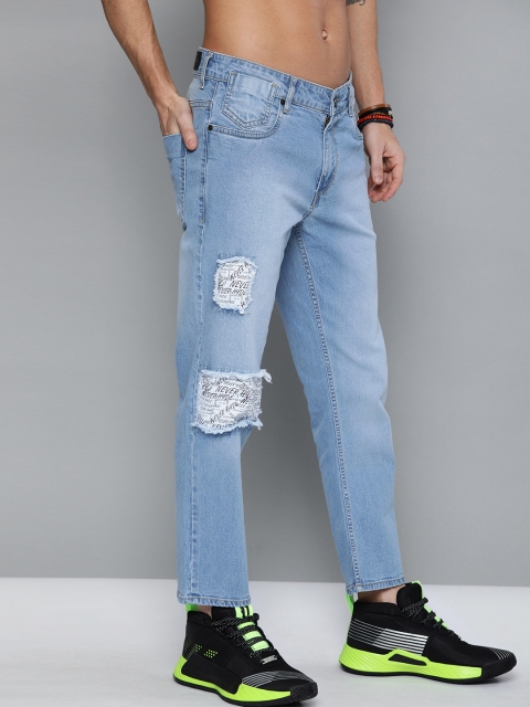 

Kook N Keech Men Blue Straight Fit Mid-Rise Mildly Distressed Cropped Jeans with Applique