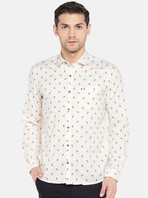 

Turtle Men Cream-Coloured & Yellow Slim Fit Printed Casual Shirt