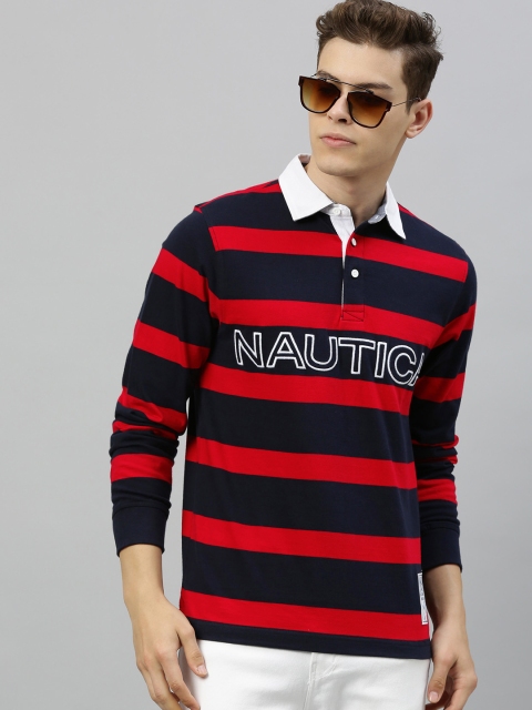 

Nautica Men Navy Blue Red Striped Polo Collar Pure Cotton T-shirt with Embroidered Detail