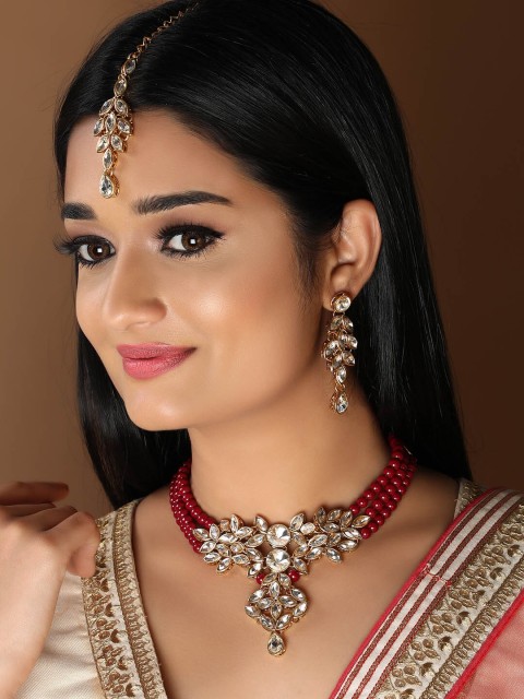 

Rubans Women Gold-Plated Red Beaded Kundan Studded Layered Jewellery Set