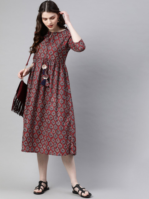 

SIAH Women Maroon Printed A-Line Dress