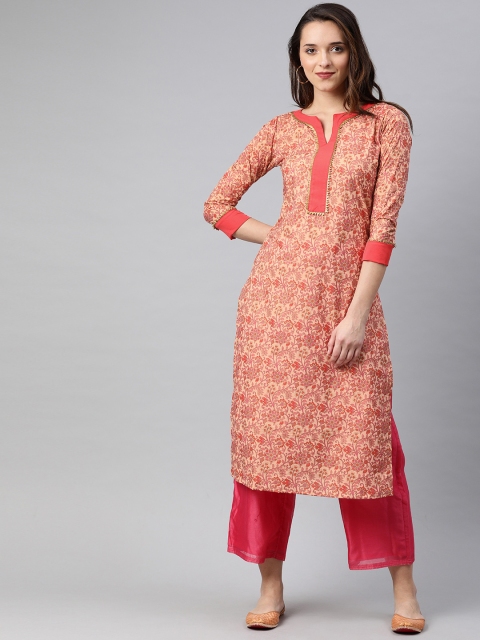 

SIAH Women Peach-Coloured & Coral Red Printed Straight Kurta